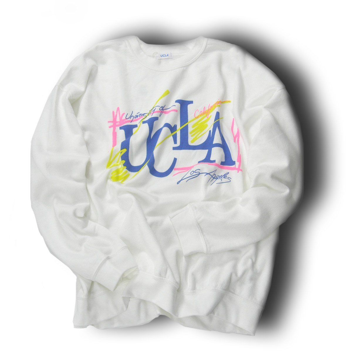 【新品】 UCLA / カリフォルニア大学 ロサンゼルス校　スウェット 裏起毛 長袖 クルーネック トレーナー LA LOGO CREW SWEAT ネオンカラー 80年代 90年代 白 ホワイト