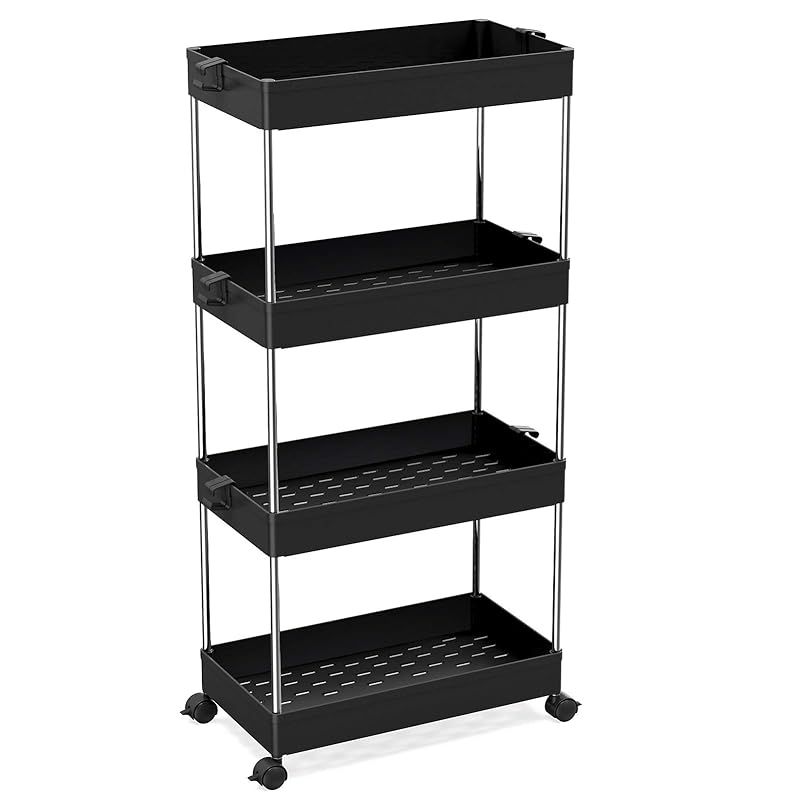 SPACEKEEPER キッチンワゴン スリム 隙間収納 22cm 収納ラック キャスター付き 収納カート ローリングラック おしゃれ 調味料 食品 ペットボトル 小物 台所 洗面所 冷蔵庫横 4段 ビッグ ブラック 0