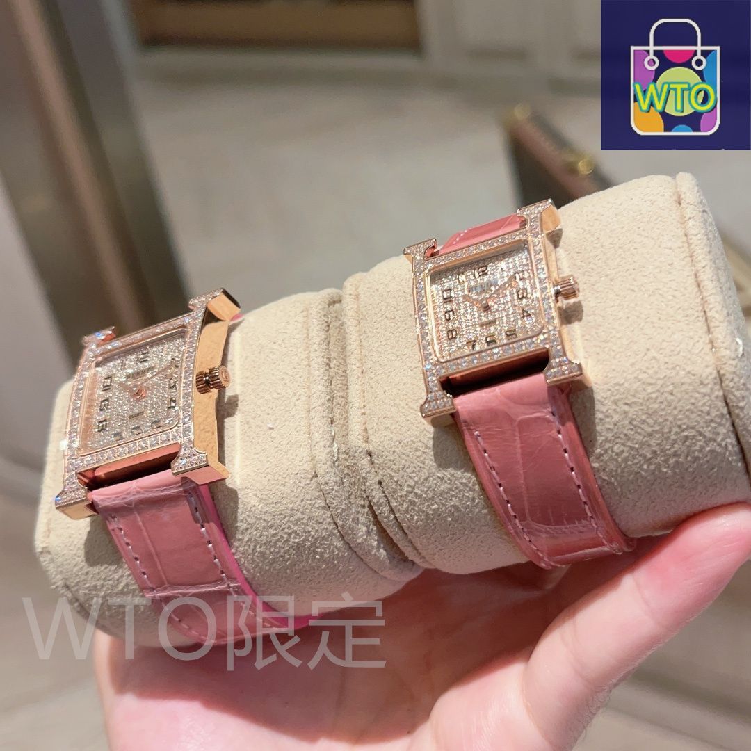 美品HERMES ピンク クロコダイルレザー 時計 HERM?S エルメス ウールH レディース腕時計｜スイス製クオーツ