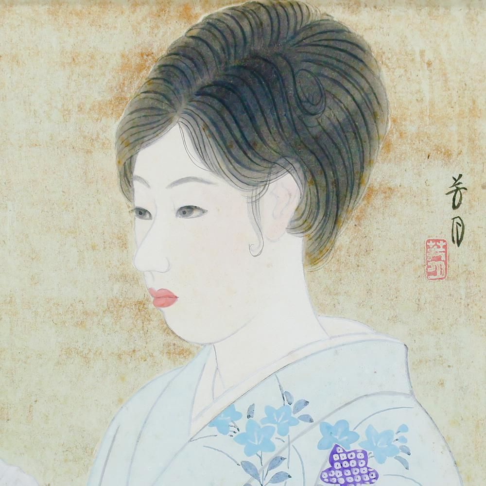 日本画 真作】【WISH】横尾芳月「白萩」日本画 6号 金泥仕様 共シール