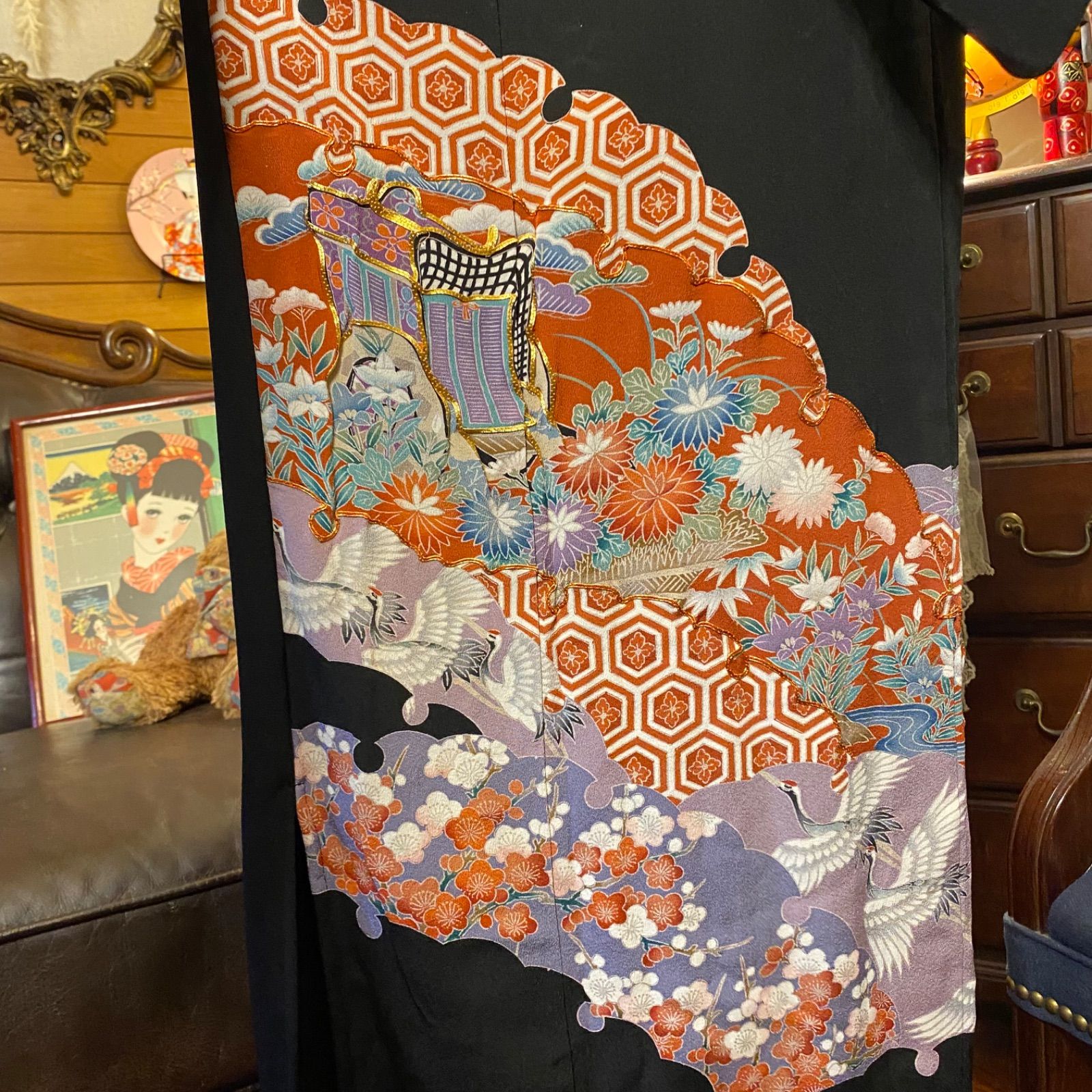 黒留袖 着物 和 モダン ハンドメイド リメイク ワンピース 黒留袖 着物 和 モダン ハンドメイド リメイク ワンピース