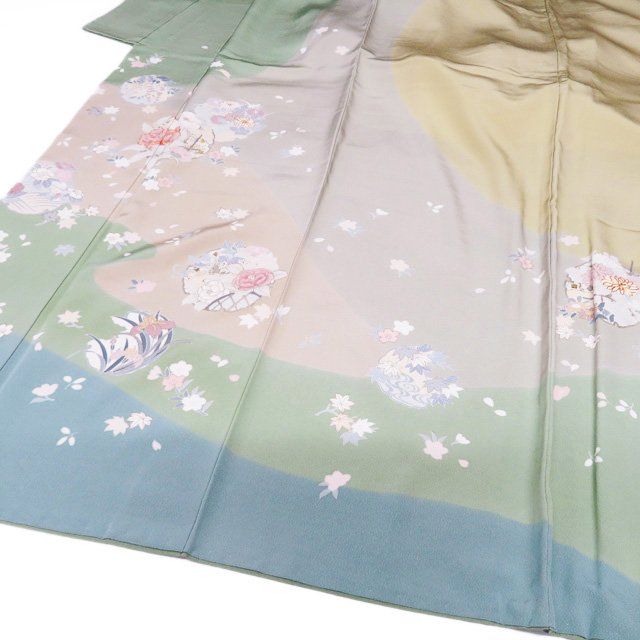 tra 正絹袷 訪問着 汕頭刺繍 絵羽織り 梨地紋 花短冊 七宝 薄緑色 tra様専用 正絹袷 訪問着 汕頭刺繍 絵羽織り 梨地紋 花短冊 七宝