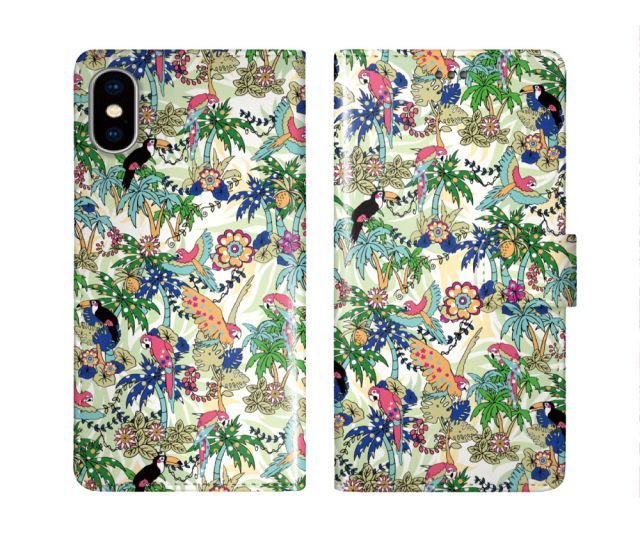 [Galaxy A21 SC-42A] iPhone16 ケース スカラー スマホケース 手帳型 iPhone16 Pro ケース アイフォン16 15 14 13 12 11 スマホカバー 全機種対応 手帳 ScoLar 南国 オウム 鳥 花 ヤシの木 エス
