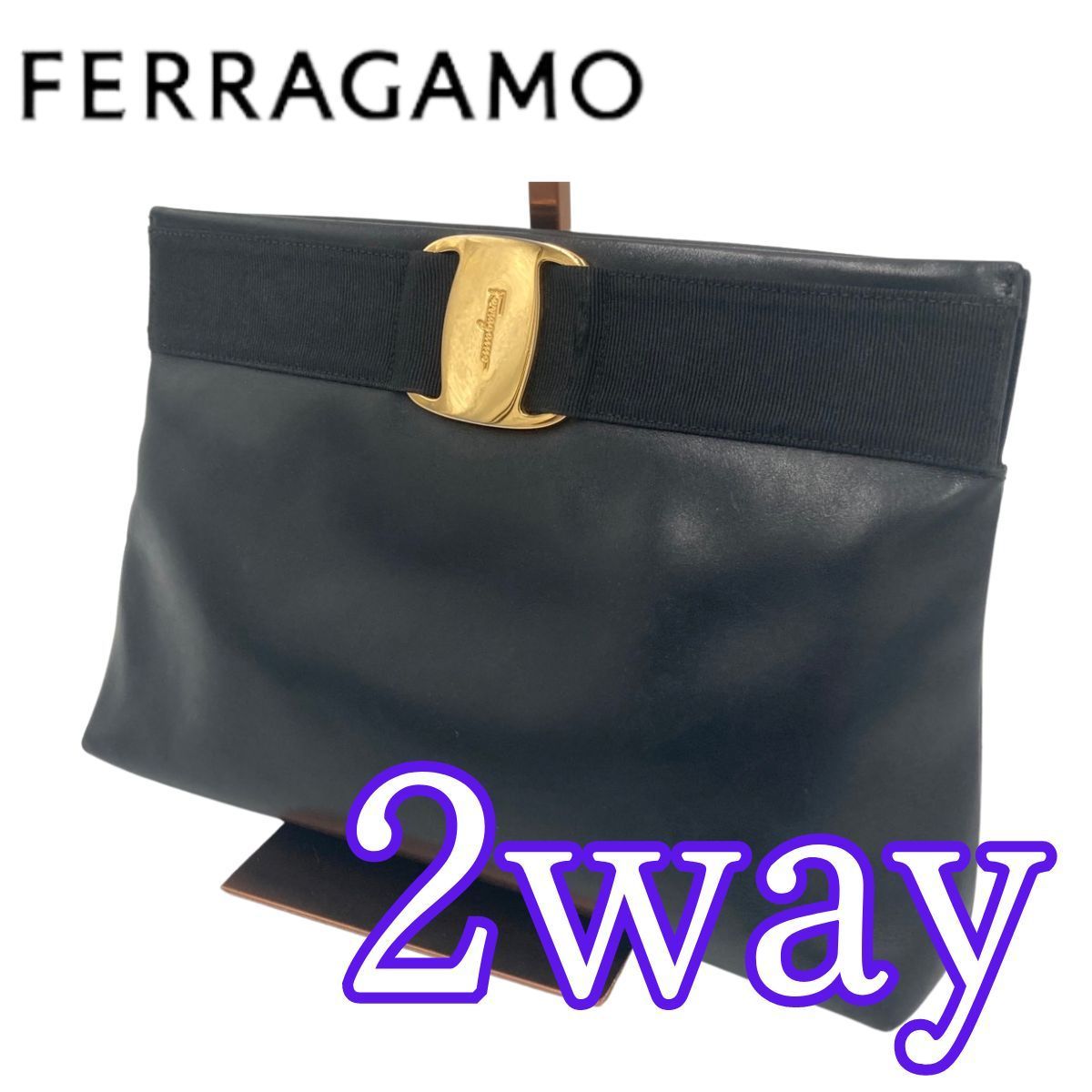 美品》Ferragamo（フェラガモ）ナイロン×レザー ハンドバッグ ブラック 
