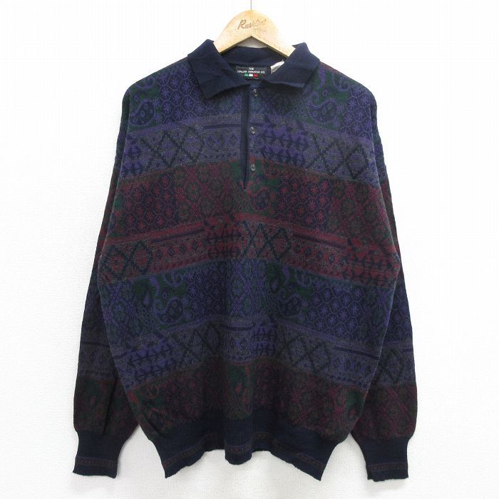 L/古着 長袖 セーター メンズ 90s ペイズリー柄 襟付き 紫他 パープル 24oct10 中古 ニット トップス