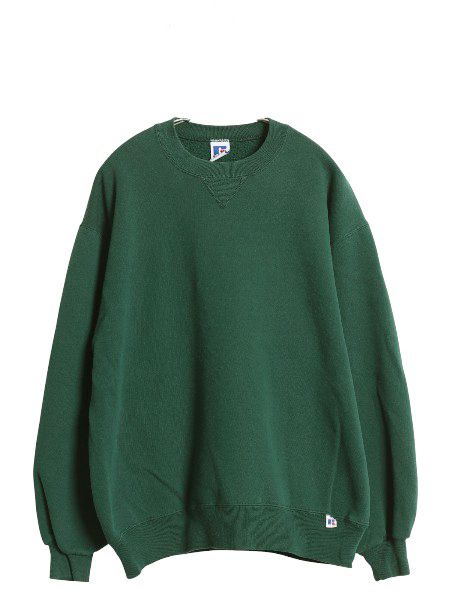 なクーポン配布中! 90s ラッセル 無地 スウェット メンズ レディース L 古着 オールド トレーナー 前V 裏起毛 ワンポイント ブランク トップス グリーン