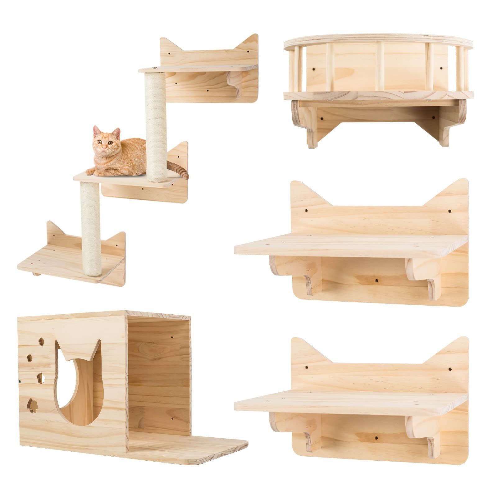 壁フレーム クライミングフレーム 5点セット 猫 猫の壁家具 猫の棚と止まり木 壁 松 キャットハウス サイザル麻の柱 はしご MIUZMORE 猫の階段 猫の旅行プラットフォーム