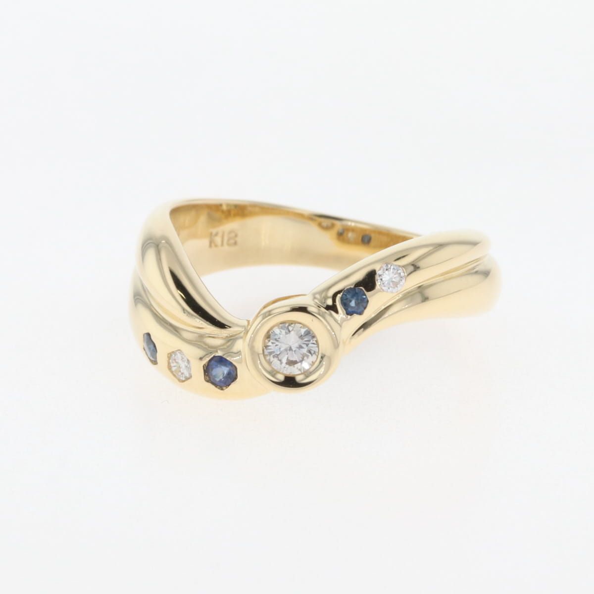 サファイア デザインリング 12号 YG K18 ブルーサファイア