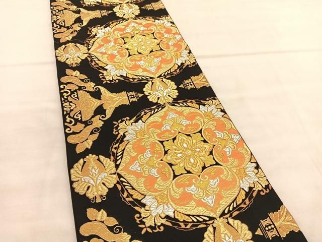 紹巴 袋帯 蒔絵清華百花文 牡丹 花文様 金糸 正絹 六通 Q275 【公式通販】