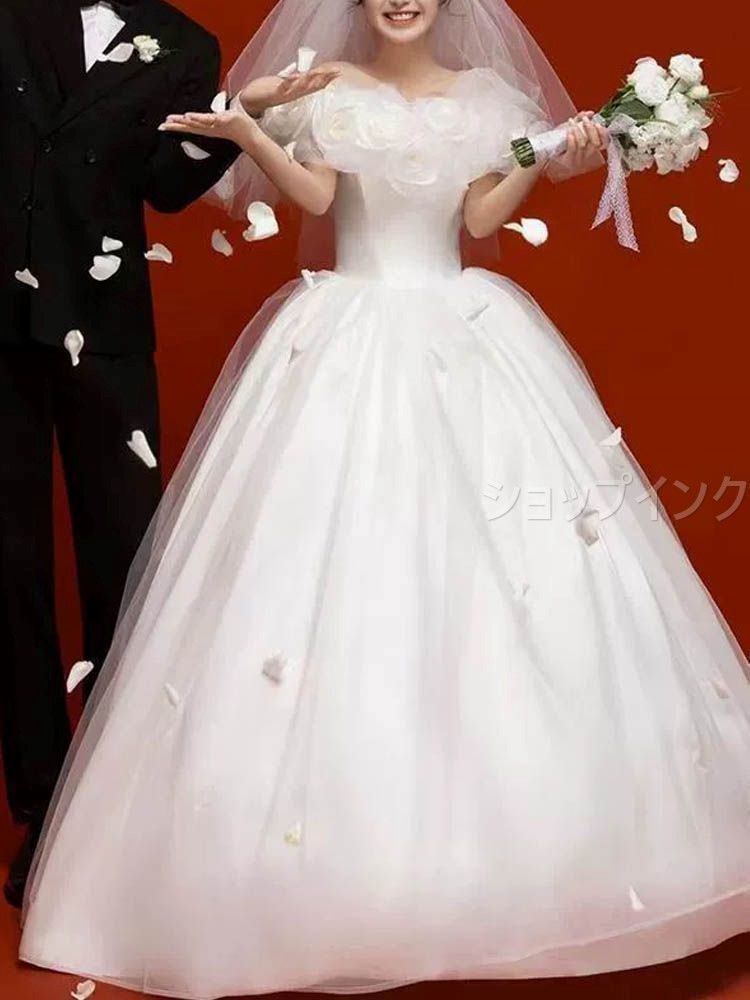 ウェディングドレス ウエディングドレス パフスリーブ フリル シフォン ふんわり 二次会 結婚式 前撮り ブライダル ロングドレス 花嫁 プリンセスドレス プリンセスライン 半袖 ゴージャス