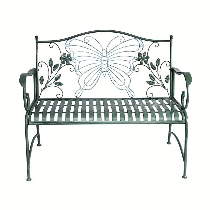 ガーデンチェア ベンチ 二人掛け 蝶モチーフ ヴィンテージ風 おしゃれ エレガント インテリア 北欧 庭 屋外 アイアン アンティーク調 ヨーロッパ風 椅子 背もたれ 肘掛け付き グリーン 鉄製 109×56×89cm YUZUMIYA_COM