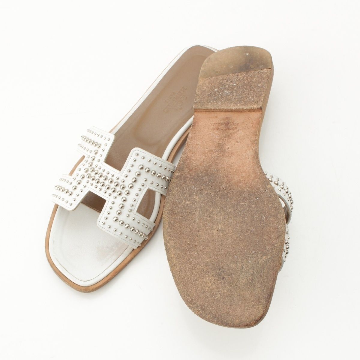 エルメス オラン スタッズ フラットサンダル レザー ブラック #36.5