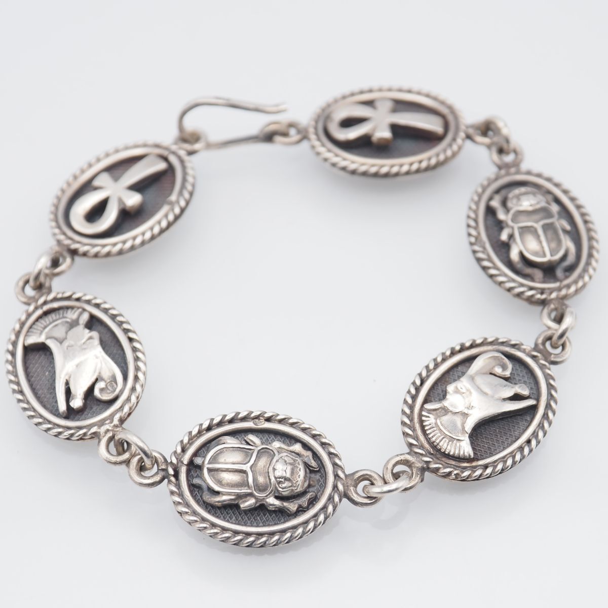 G492 ヴィンテージ ホールマーク刻印 ブレスレット エジプト王 スカラベ アンク エジプト十字 デザイン シルバー