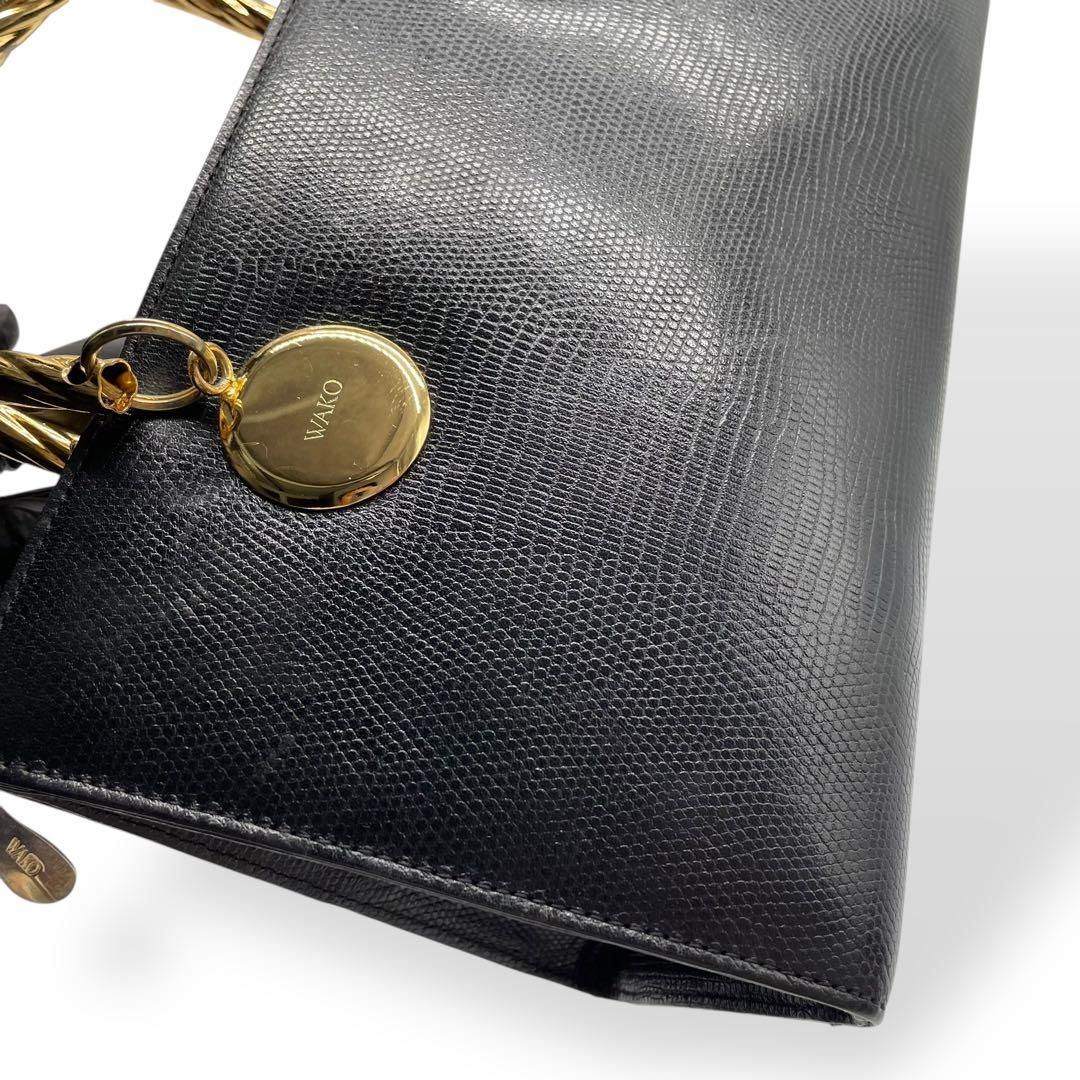 再値下げ‼️  銀座和光　型押しレザー　ゴールドハンドルバッグ 美品 銀座WAKO ワコウ ハンドバッグ ゴールドハンドル リザード