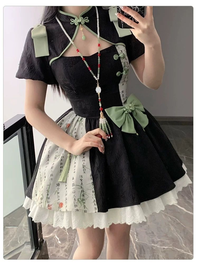 ブラック ピンク 姫袖 チャイナ 服 ロリィタ メイド