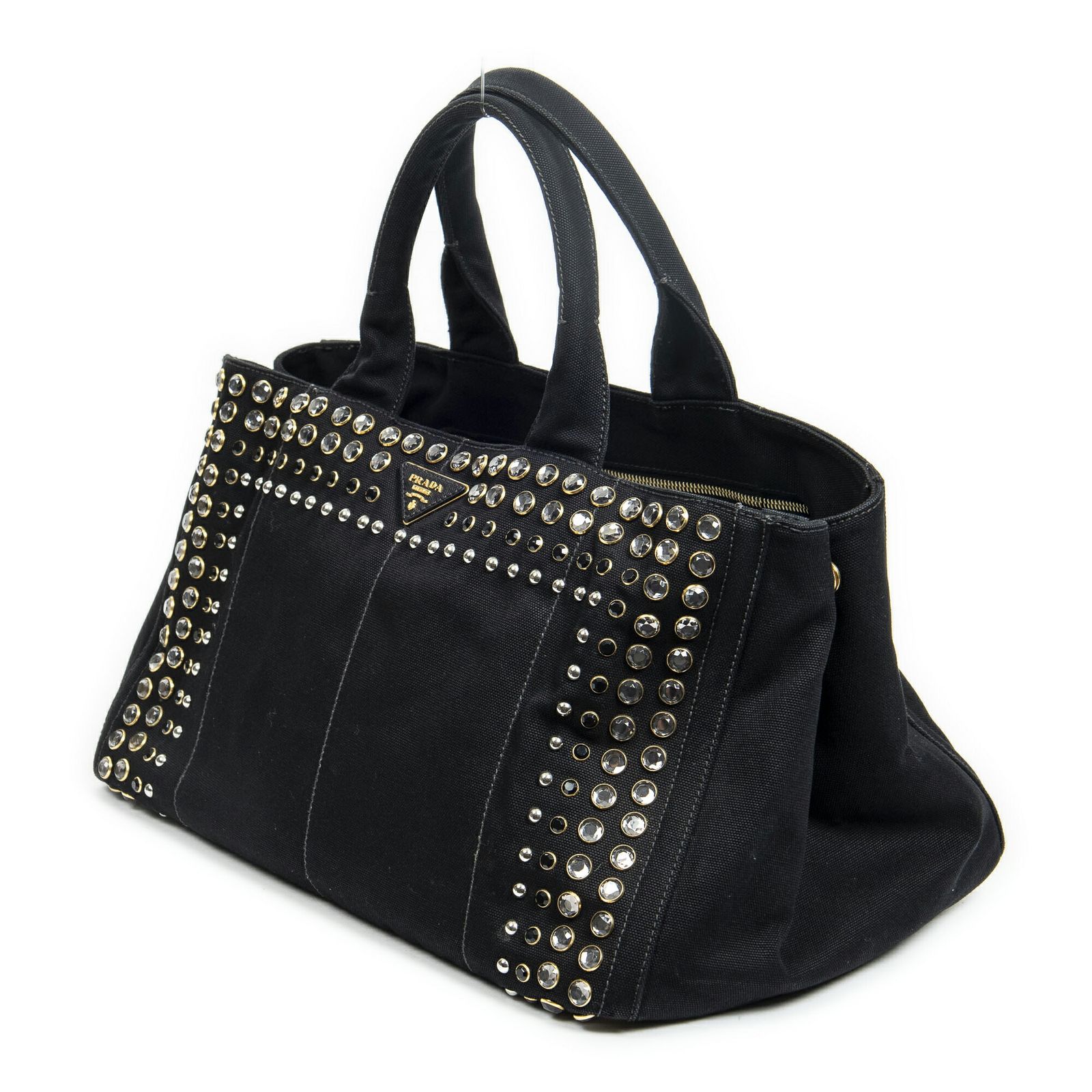 PRADA プラダラージラインストーンカナパトート黒スタッズカナパキャンバスA