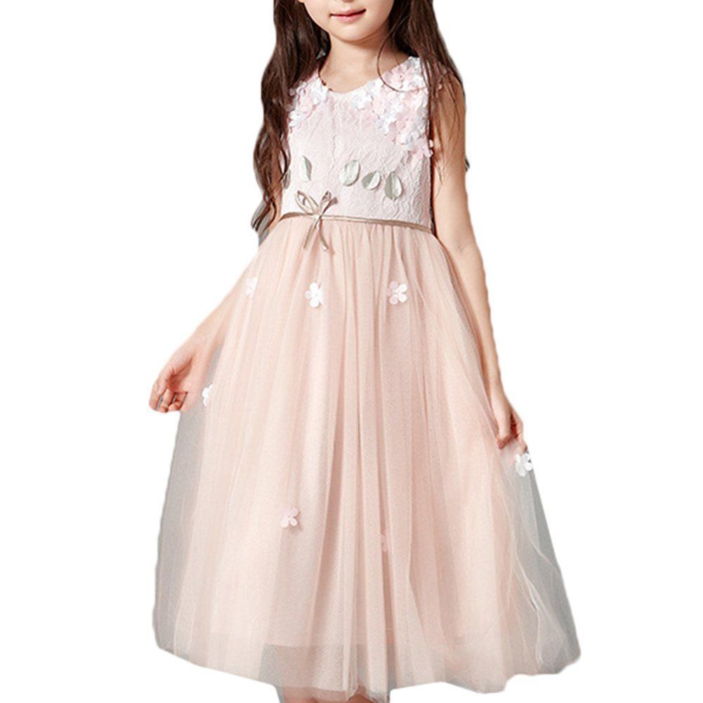 Size:150_Color:ピンク sweet mimi store 子供ドレス 女の子 フォーマル 発表会 結婚式 ノースリーブ フラワーガール ワンピース パーティドレス女児 花びら ロングドレス 入園式 (150cm， ピンク)