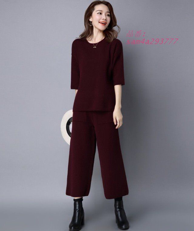 セットアップ ニット レディース パンツスーツ おしゃれ シンプル 赤 黒 大きいサイズ トップス 4L アンクルパンツ カジュアル きれいめ 3L 五分袖 am4a293777