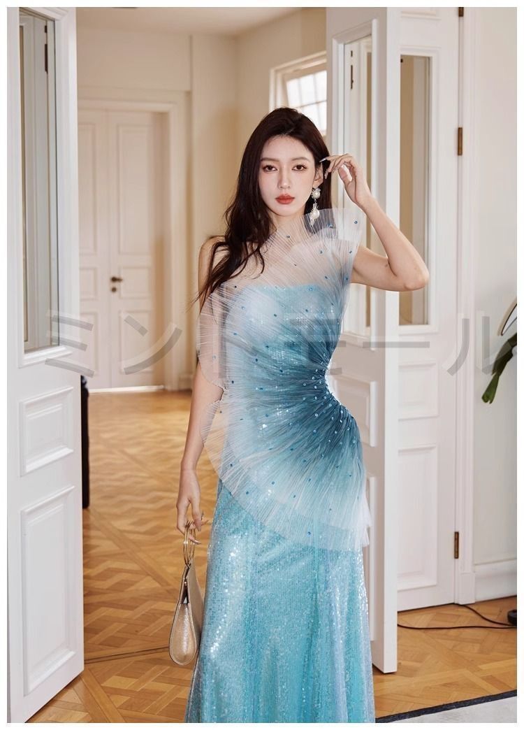 ♥ グラデーションブルー ブルーグリーン 立体チュール スパンコール マーメイド ロングワンピース フォーマルドレス お呼ばれ 披