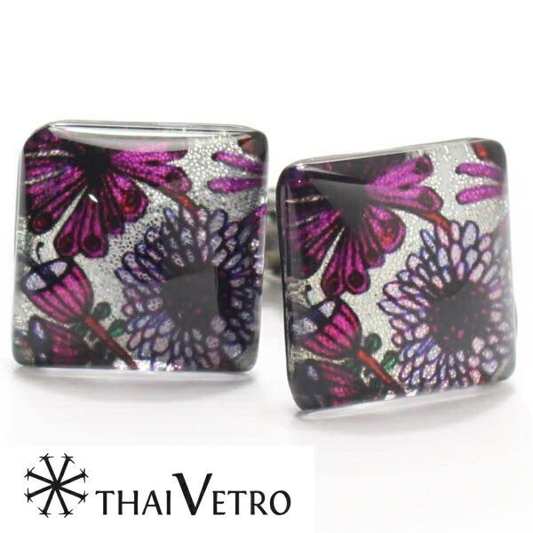ThaiVetro パープル フラワーデザンのガラス製カフス カフスボタン カフリンクス スーツアクセサリー専門店 誕生日 プレゼント プチギフト おしゃれ カフスマニア