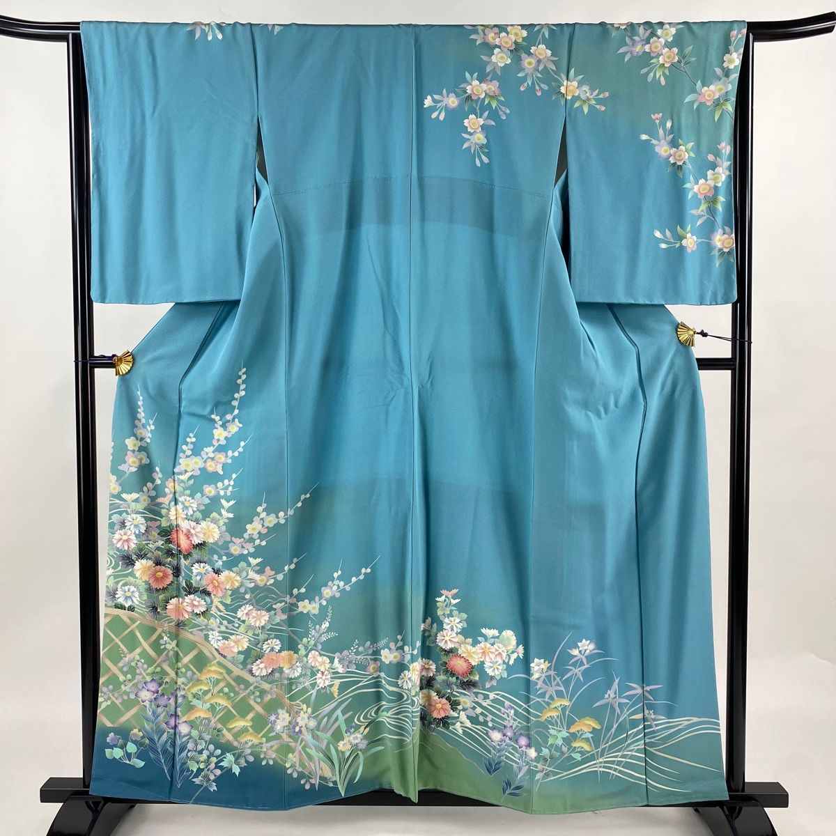 訪問着 身丈158cm 裄丈65cm M 袷 菊 光悦垣根 ぼかし 水色 正絹 名品