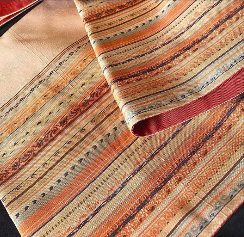 博多京袋帯〉献上柄 朱 SALE トール 両面使い 縞帯 軽い 手織り 全通  