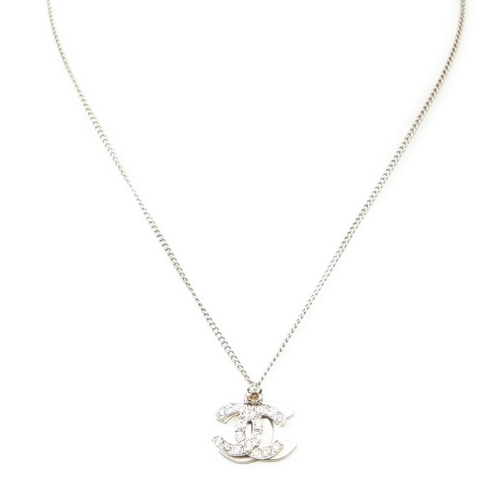 CHANEL シャネルダブルCCラインストーンペンダントネックレス銀シルバーメッキA