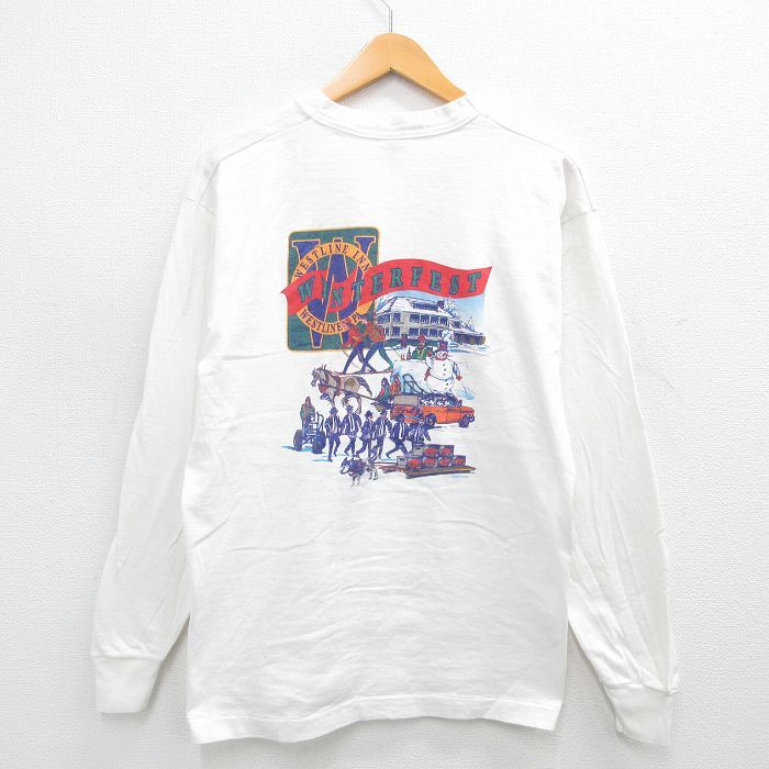 L/古着 フルーツオブザルーム 長袖 ビンテージ Tシャツ メンズ 90s スキー 馬車 コットン クルーネック 白 ホワイト 24aug24 中古