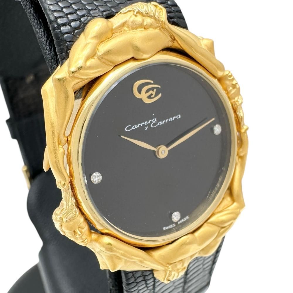 知らなきゃ損！ Carrera y Carrera|カレライカレラ アダム-イブ バッテリー交換済 腕時計 K18YGイエローゴールド 18金 |レザー クオーツ ゴールド文字盤|ブラックレザーベルト レディース 真子質店