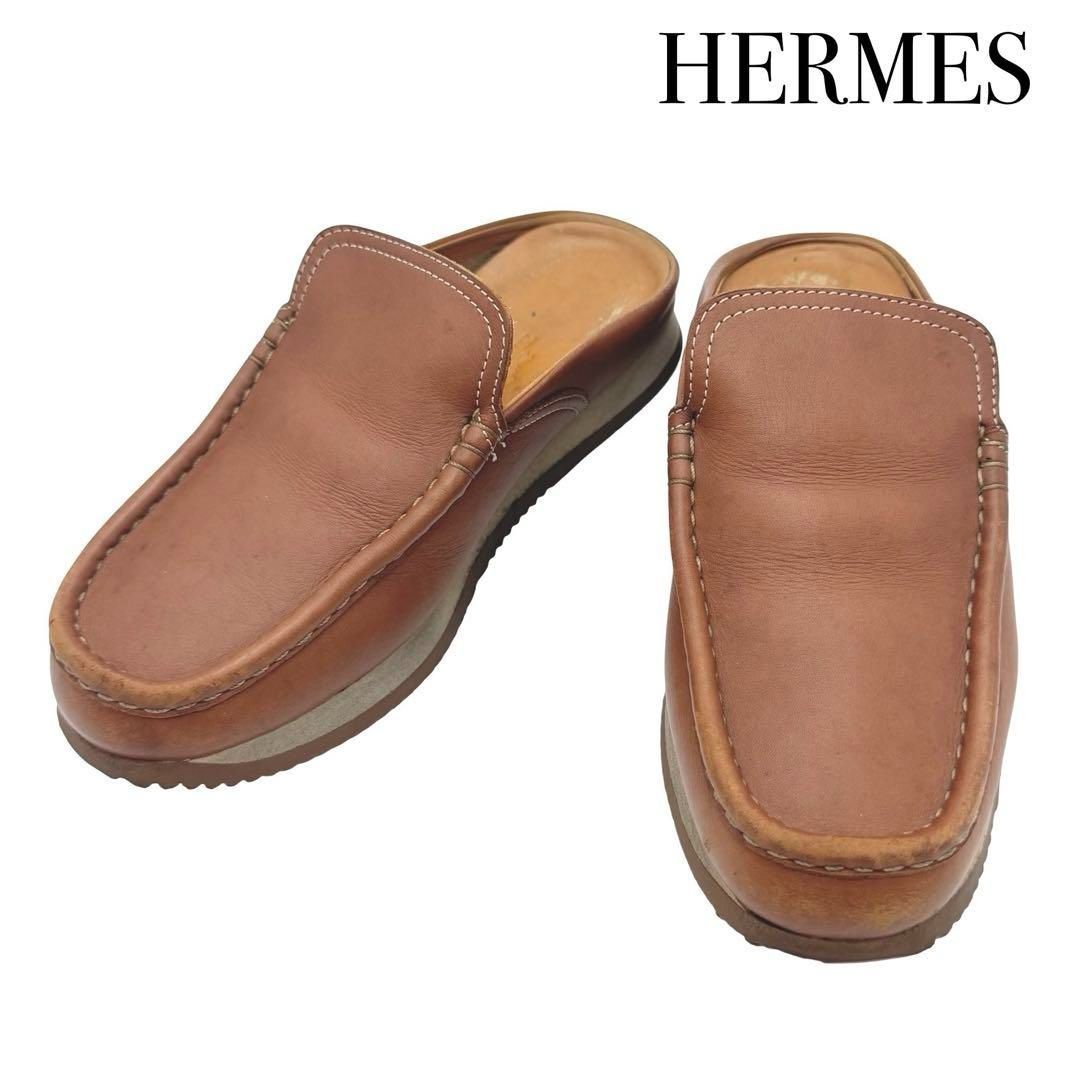 HERMES エルメス レザー スリッポン ブラウン系 モカシン風 フラットシューズ MADE IN ITALY 表記36.5 約23.5cmレディース メンズ