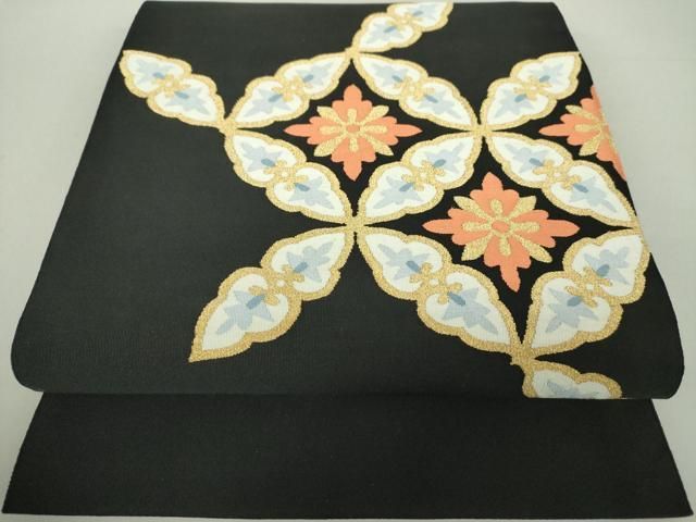 平和屋着物○爪掻き本綴れ 八寸名古屋帯 七宝花文 黒地 金糸