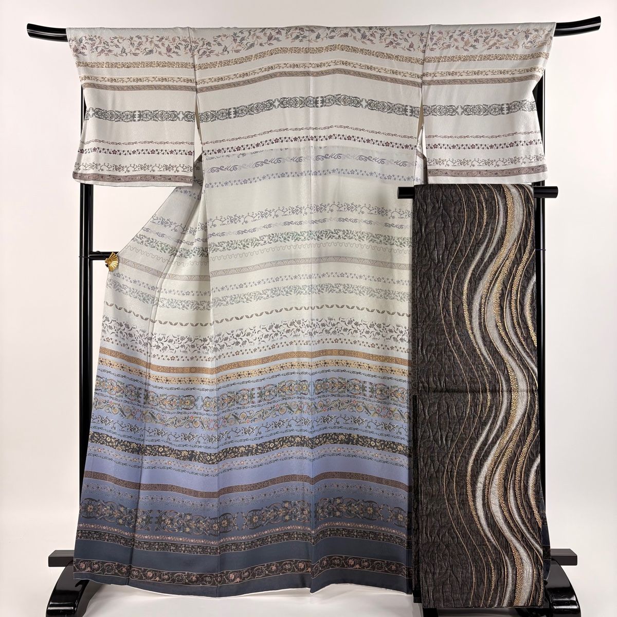 訪問着 身丈164.5cm 裄丈63cm S 袷 落款あり 草花 ぼかし 青灰色 正絹  