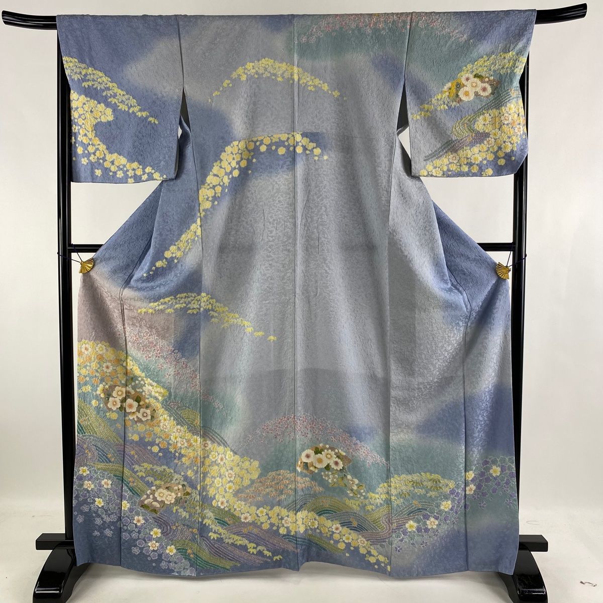 訪問着 逸品 扇面 草花 絞り 金通し 水色 袷 身丈165cm 裄丈67cm M