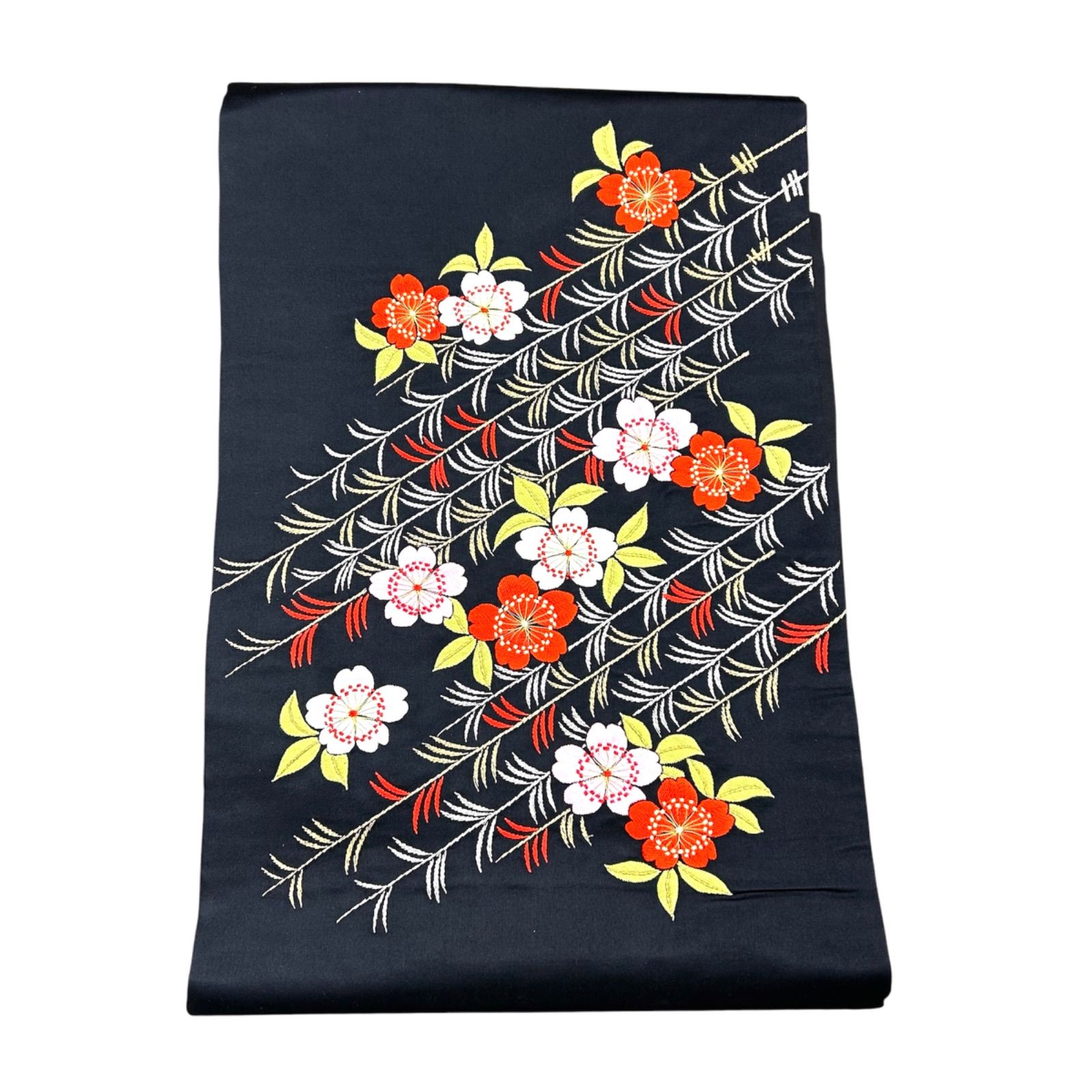 アンティーク　昼夜帯　菊　刺繍　鳥百合片喰模様　大正ロマン　366.5 センチ アンティーク昼夜帯菊刺繍鳥百合片喰模様大正ロマン366.5 センチ