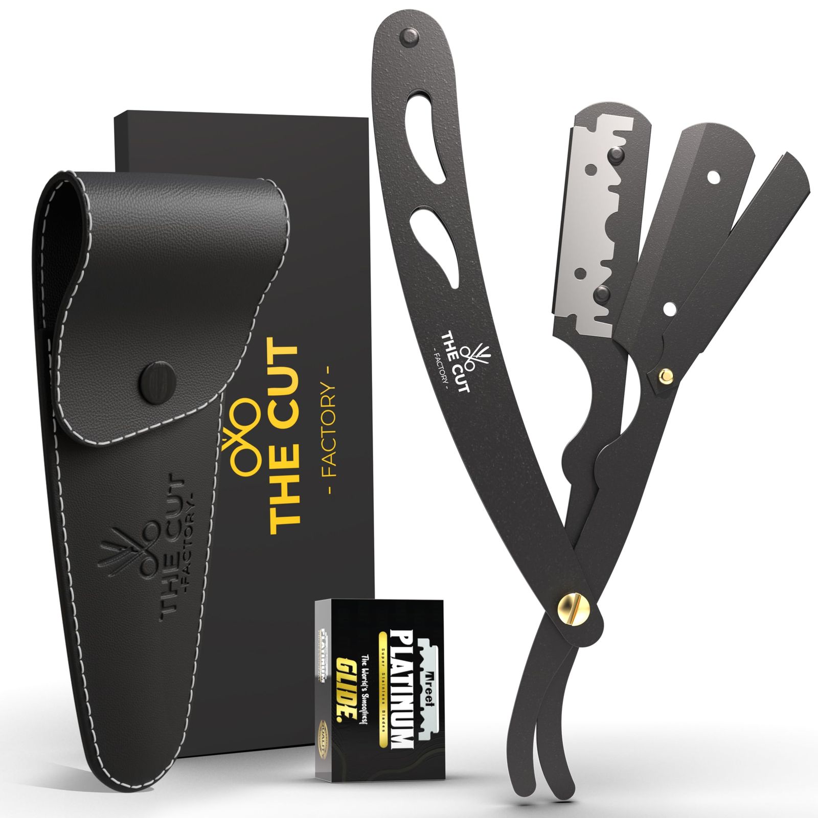 Bostti The Cut- Factory- Straight Razor with 100 Pack Platinum Treat Professional Barber Single Blade Edge Razors for Men for Clo 