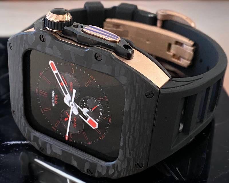 カーボン ブラックローズゴールドMIX アップルウォッチバンド ラバーベルト カバー ステンレス Apple Watch ケース 49ｍｍカスタム ウルトラ ultra メンズ レディース