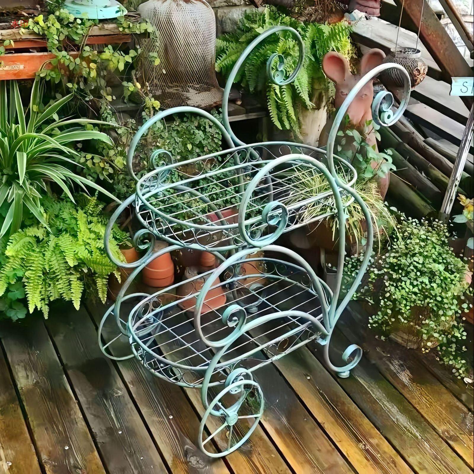 プランタースタンド 可動式 ヴィンテージ調 金属 ホワイト グリーン 白 緑 エレガント レトロ調 ガーデニング 雑貨 ガーデン雑貨 ガーデンインテリア ガーデン インテリア 庭の装飾 お洒落 おしゃ YUZUMIYA_COM