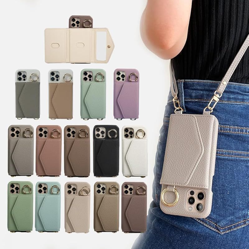 iphone14 pro スマホケース ショルダー タイプ 携帯ケース 背面手帳型 背面カード収納 鏡付き 肩掛け 斜めかけ リング付き ミラー付き カード収納 背面ポケット 財布付き マグネットなし レザー