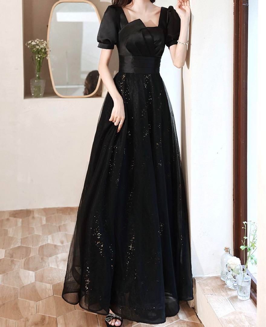 シンプルオシャレなブラックのパフスリーブイブニングドレス大人 おとなかわいい