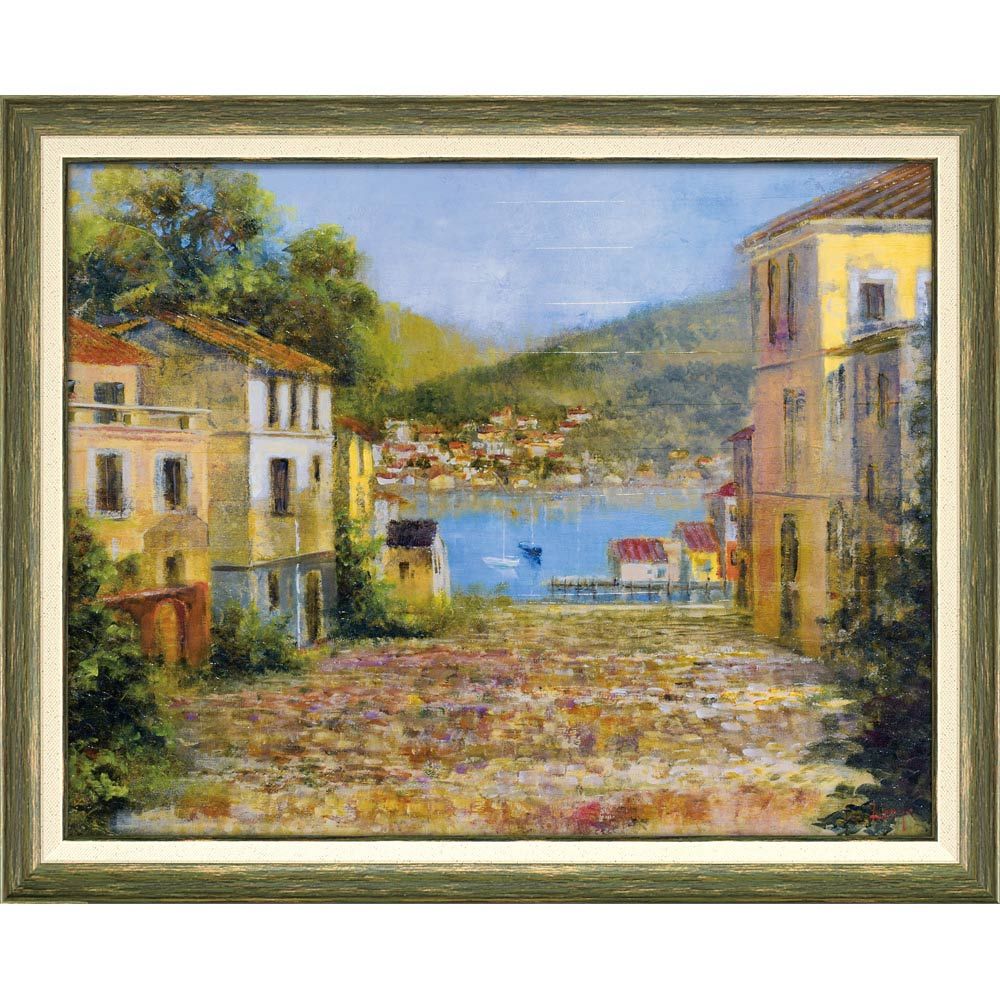 絵画 ロンゴ「コブル ストリート」 額入り 風景画 壁に飾る 水辺