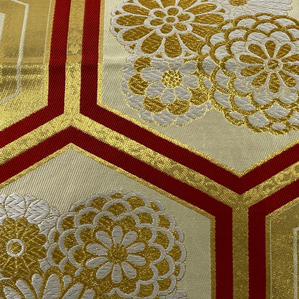 袋帯 秀品 亀甲 菊 金糸 箔 赤 六通 正絹