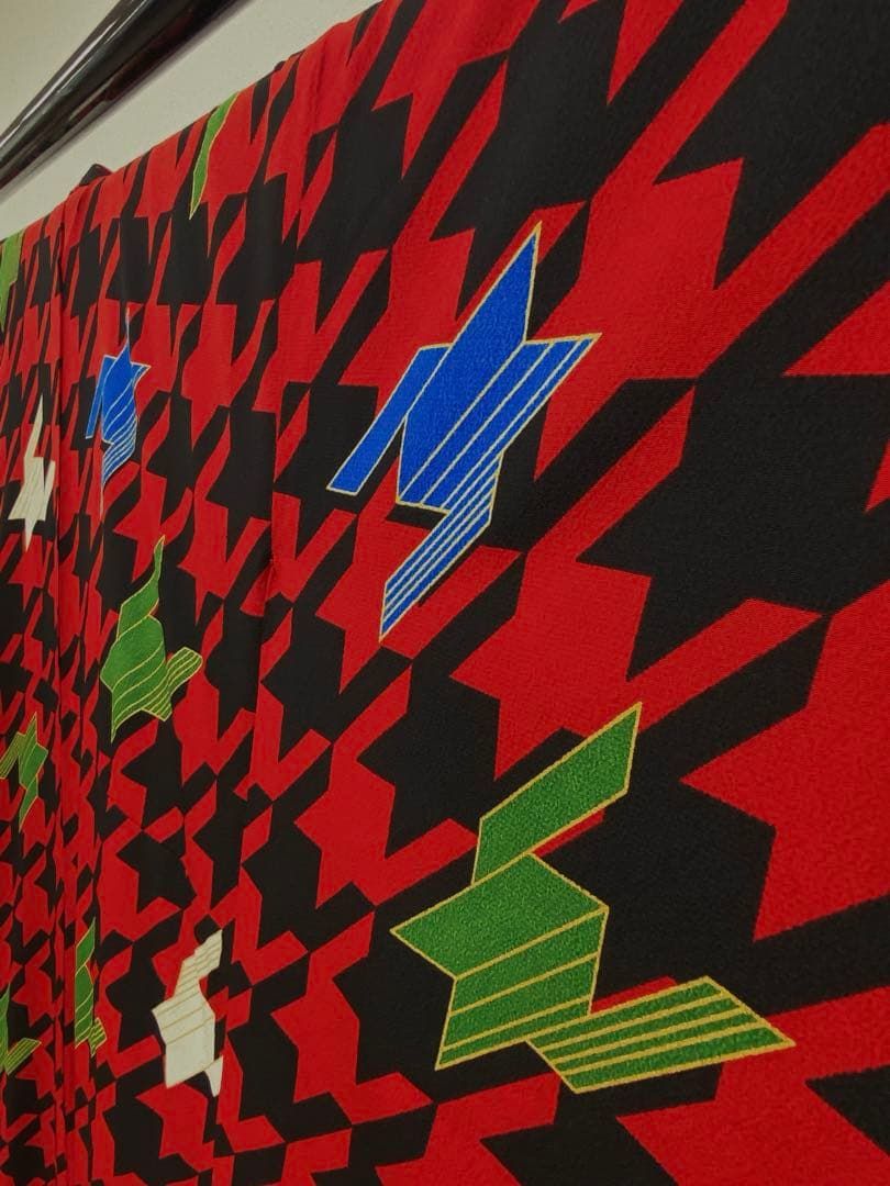 2尺袖 ポリエステル着物 金彩 千鳥格子 袴向き