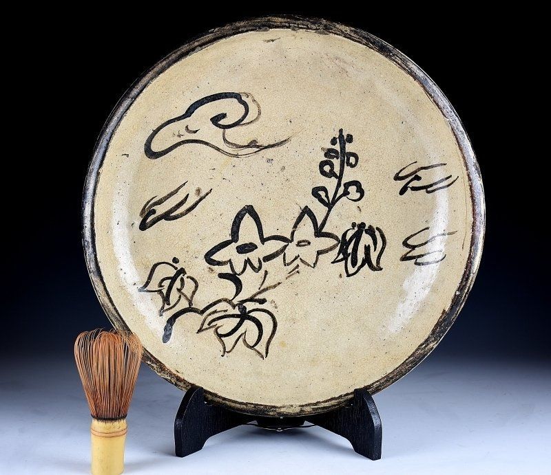 蔵C5807 古民藝 古絵瀬戸石皿 幕末 34ｃｍ