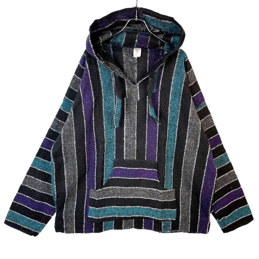 Baja Joeメキシカンパーカーバハフーディ白黒パープルストライプヴィンテージ EARTH RAGZアースラグズBAJA JOE（バハジョー）Mexican