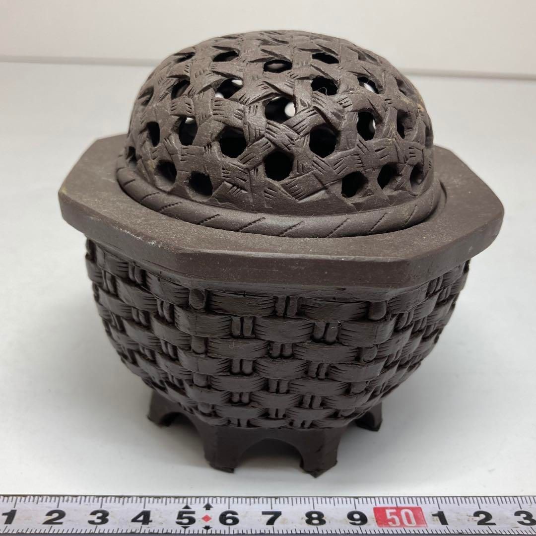 上 細工物 朱泥 網手香炉 幅約10㎝ 東さ5-0517