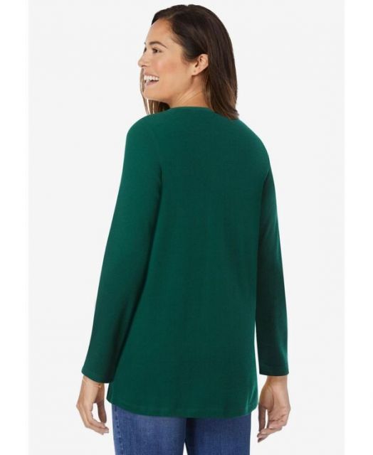  ウーマン ウィズイン レディース シャツ トップス Plus Size Within Embroidered Thermal Henley Tee Emerald green vine embroidery 長袖 シャツ ブラウス