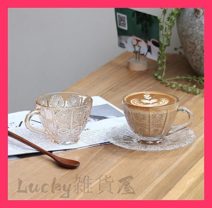 【希少】白レース ハンドル付き 盛り上げ グラス カップ ソーサー ガラス コーヒーカップ ソーサー レトロ ハンドル付き ティー
