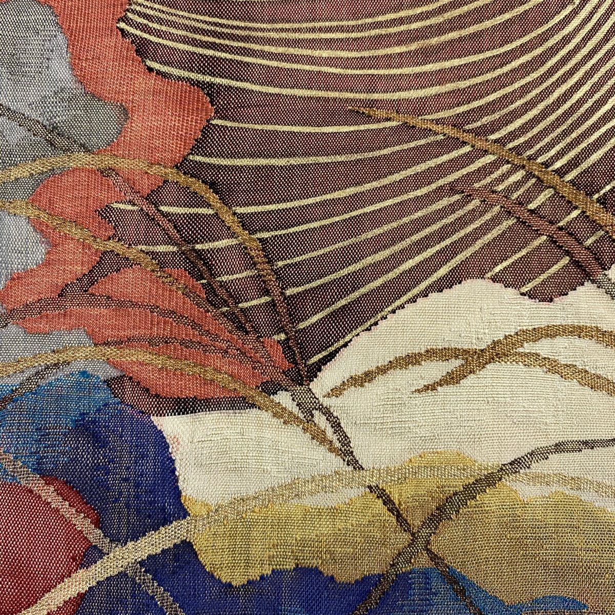 袋帯 秀品 すすき 波 金銀糸 金彩 朱色 お太鼓柄 正絹