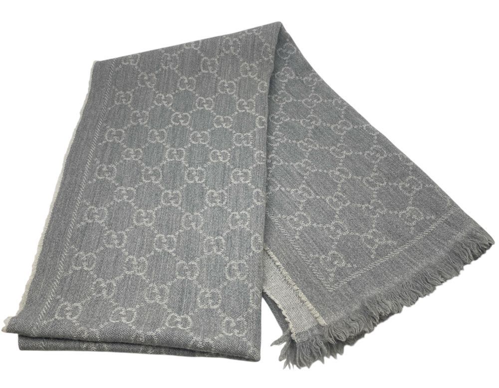 GUCCI グッチ ウール マフラー グレー GGロゴ ストール ストラップ