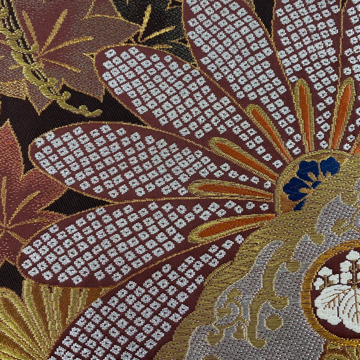 袋帯 美品 秀品 菊 波頭 金銀糸 箔 えんじ色 六通 正絹 【中古 袋帯 美品 秀品 菊 波頭 金銀糸 箔 えんじ色 六通 正絹 【中古